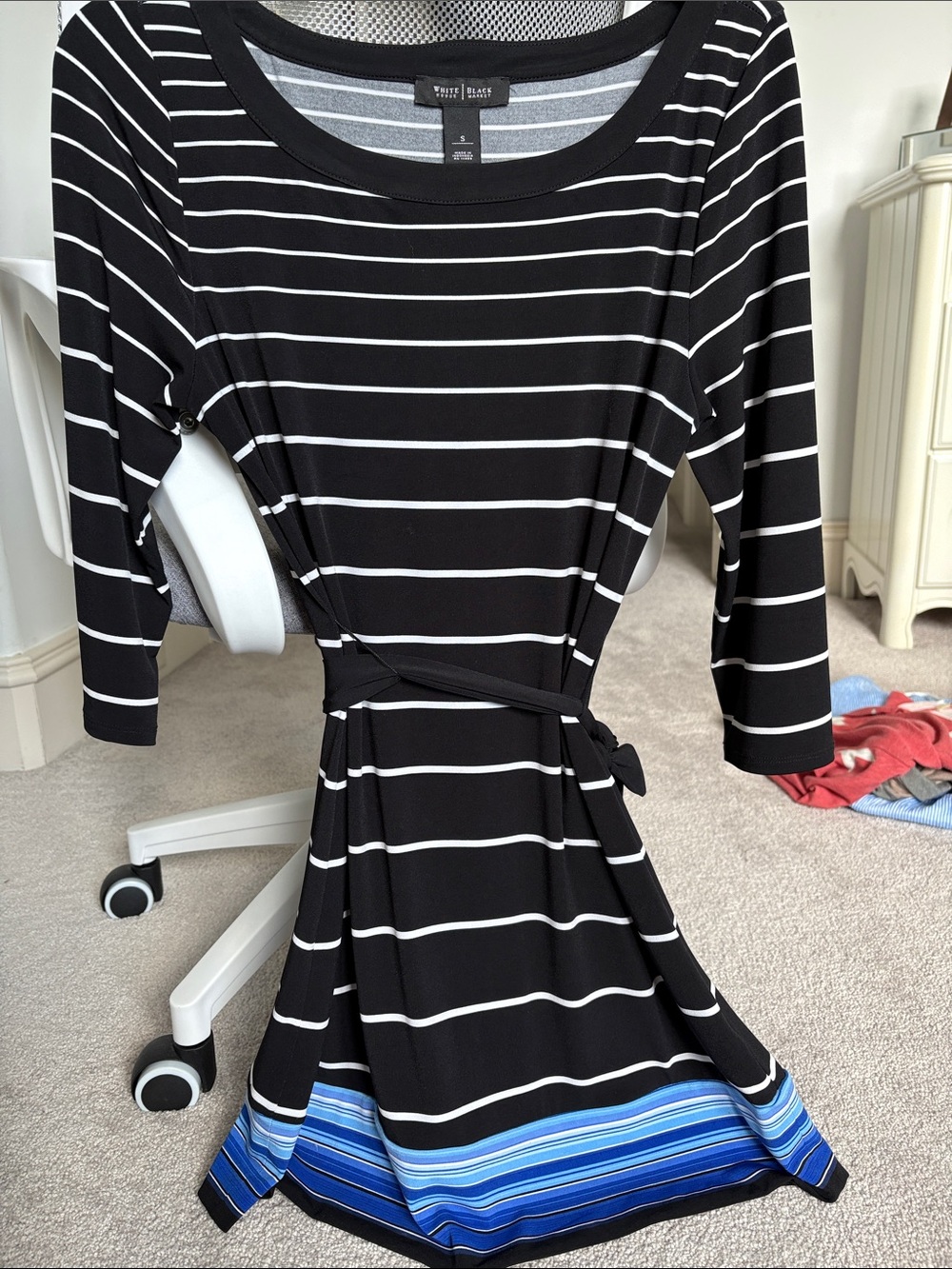 White House Black Market Black & White Striped Dress with Blue Ombre Hem